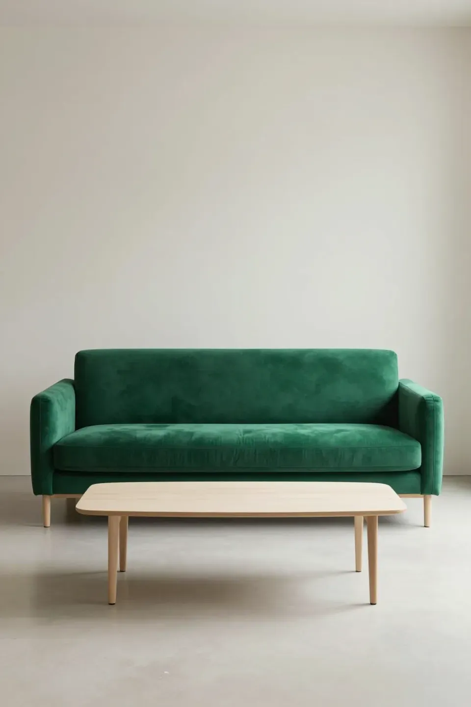 Minimalist living room featuring an emerald green sofa.