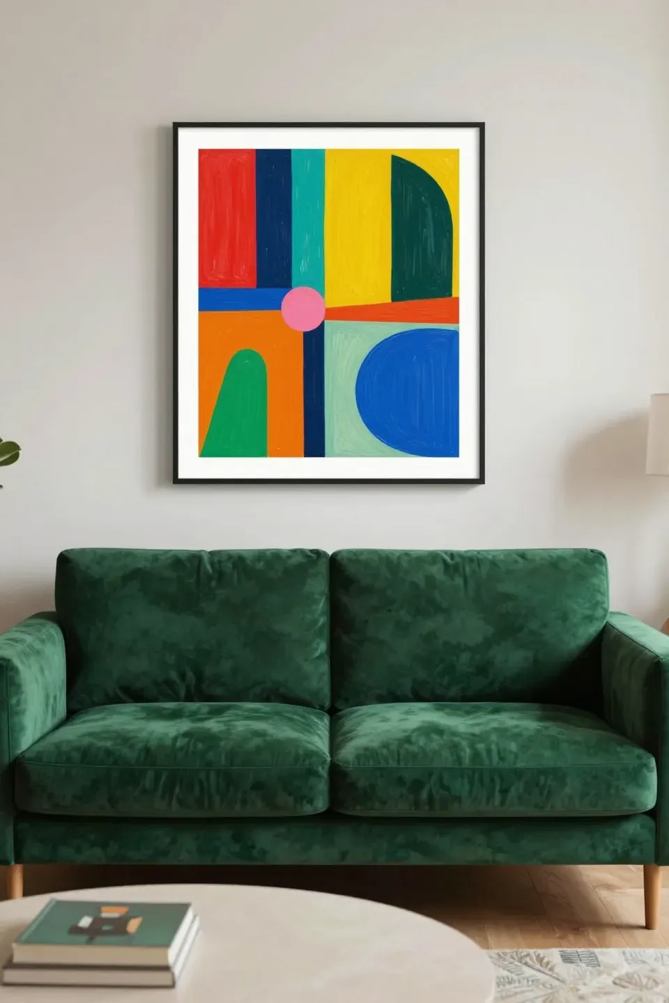Living room featuring a dark green sofa and bold colorful artwork.