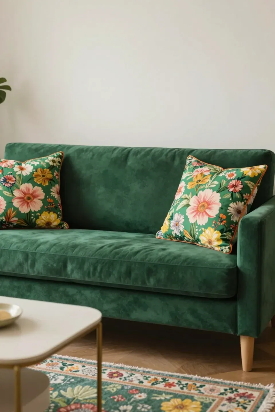 Living room featuring a dark green sofa and floral patterns.