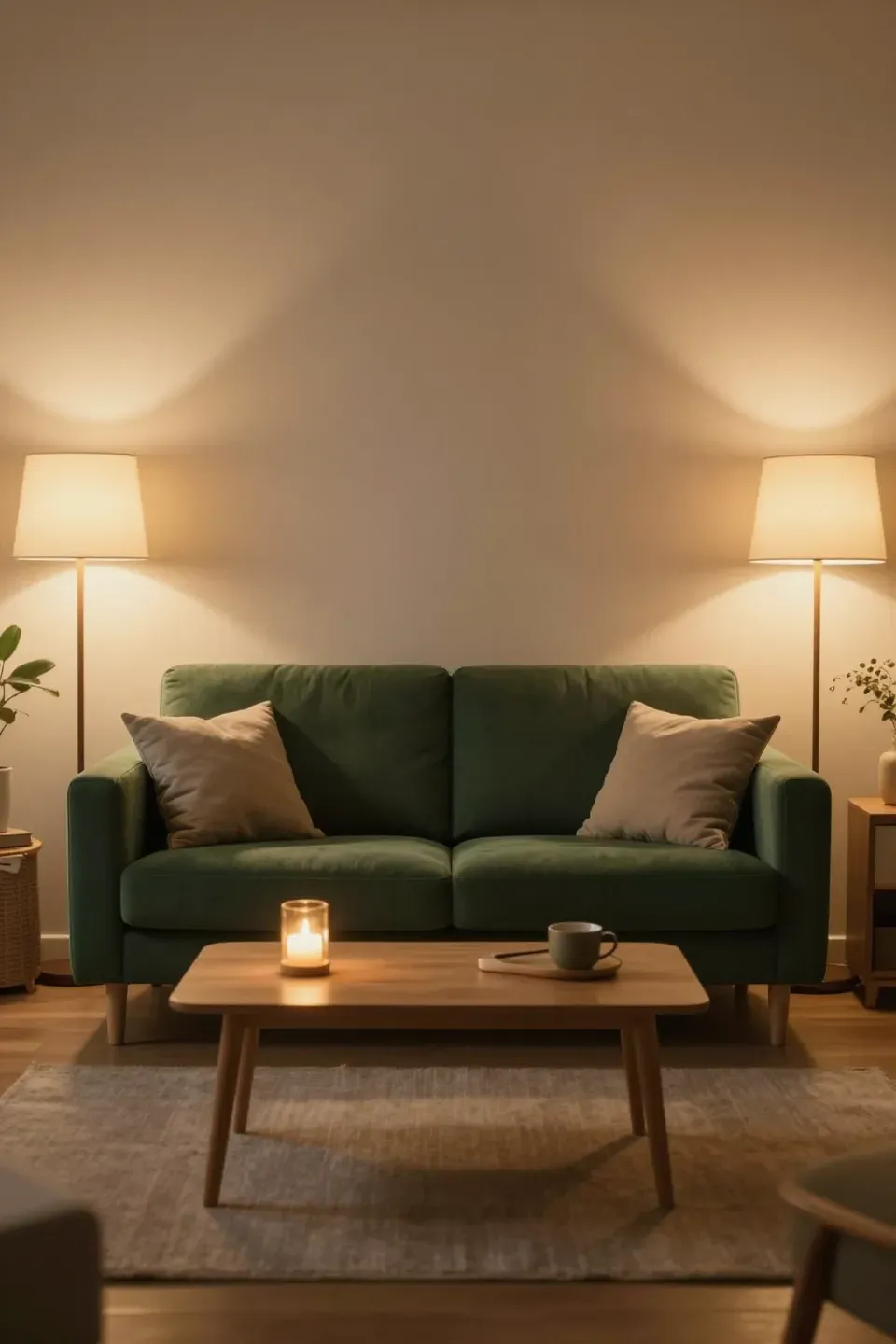 Cozy living room featuring a dark green sofa with soft lighting.