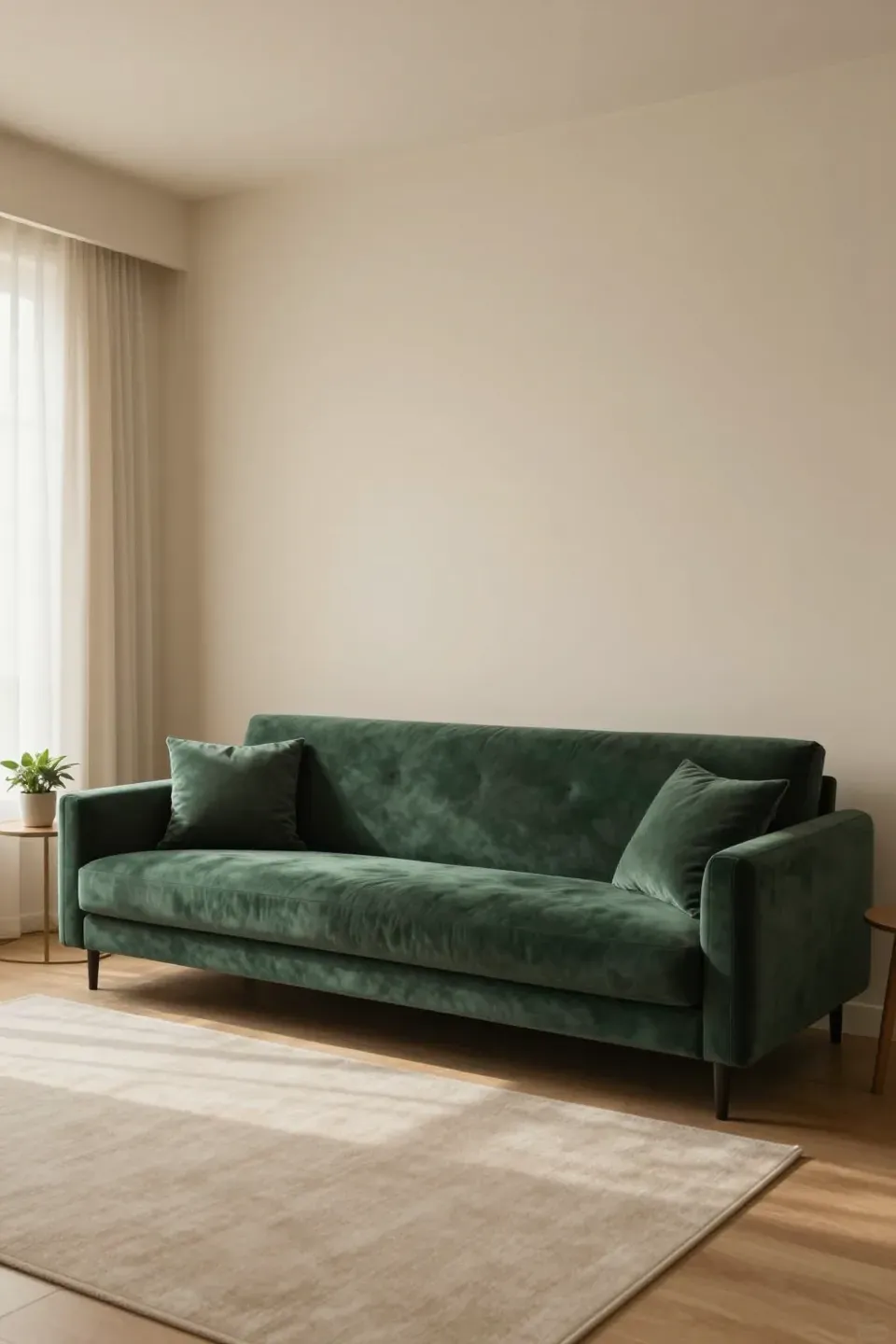 Sophisticated living room with a dark green sofa against neutral walls