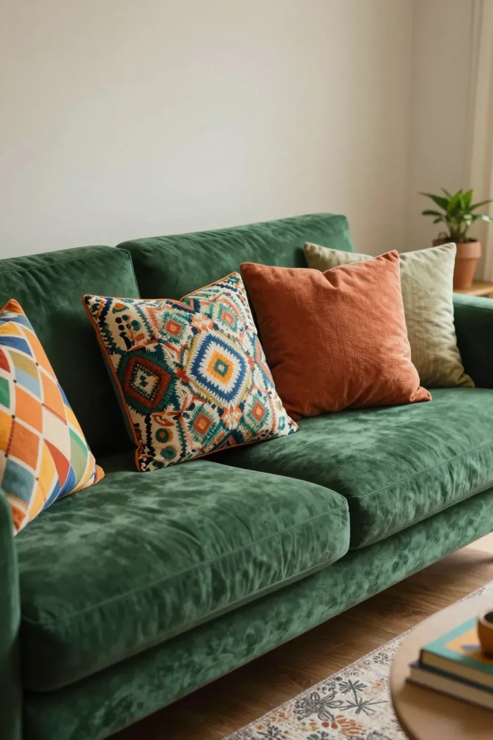Living room with a dark green sofa and mixed pattern cushions