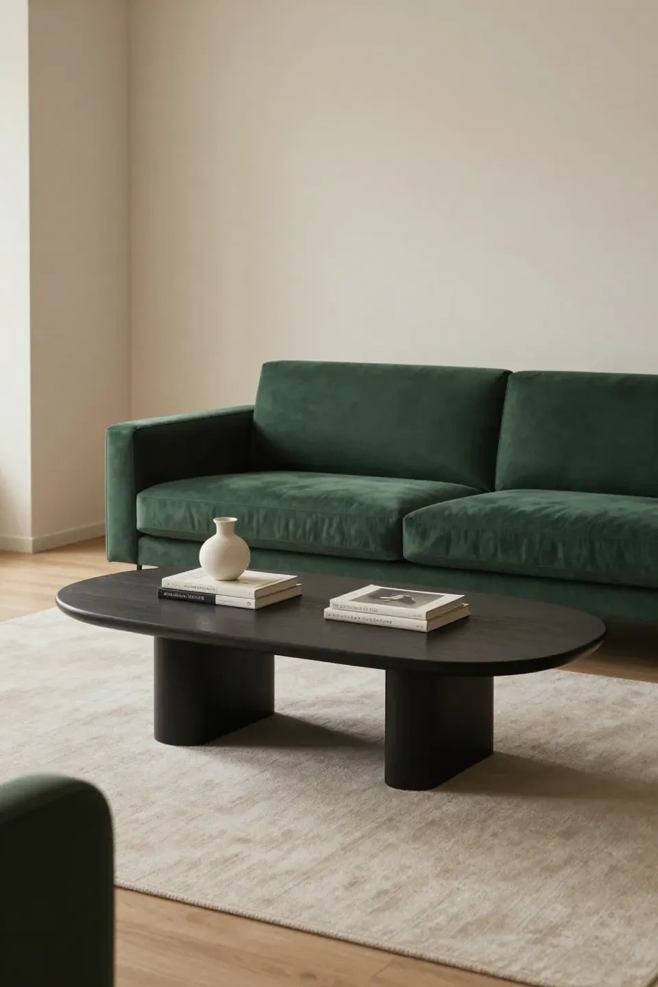 Chic living room with a dark green sofa and statement coffee table