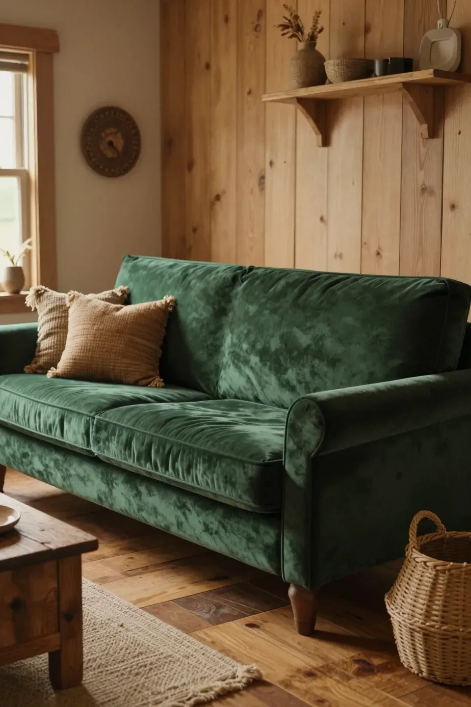 Cozy rustic living room with a forest green velvet sofa