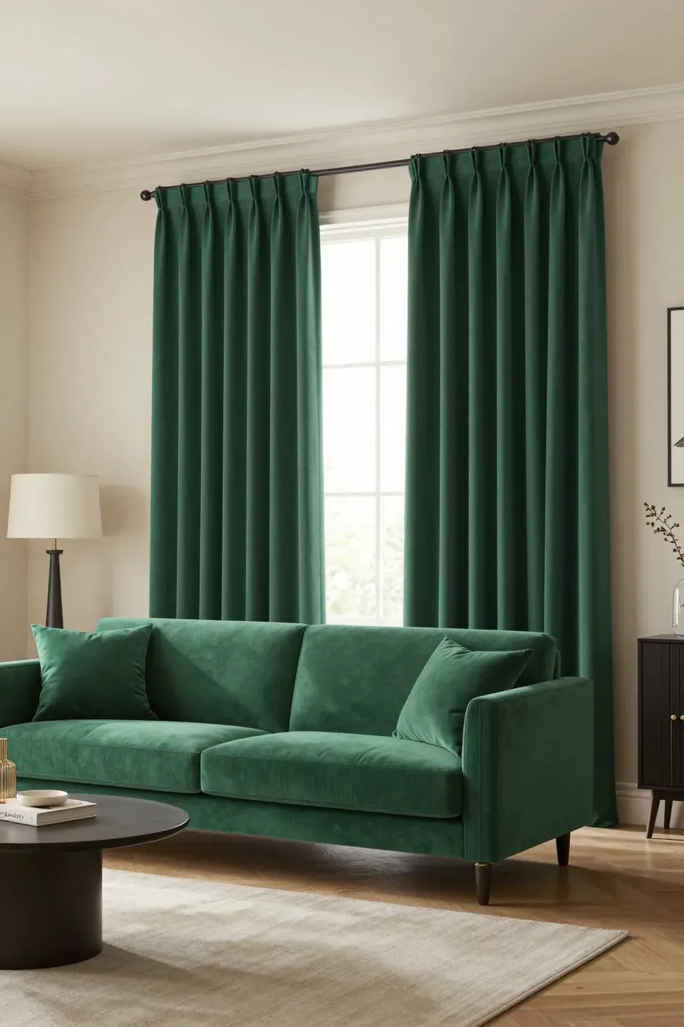 Elegant living room with an emerald green sofa and complementary curtains