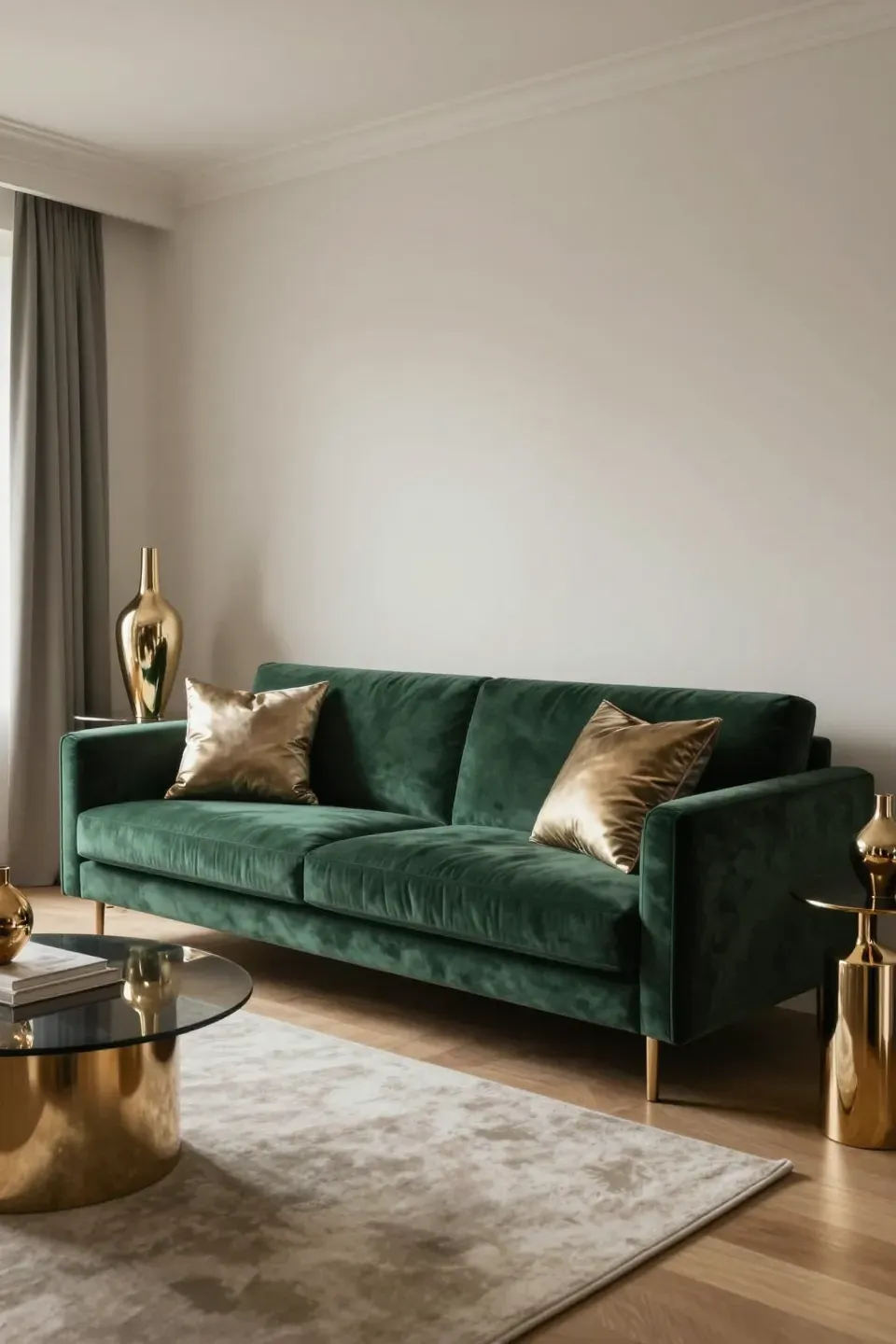 Chic living room with a dark green sofa and metallic accents