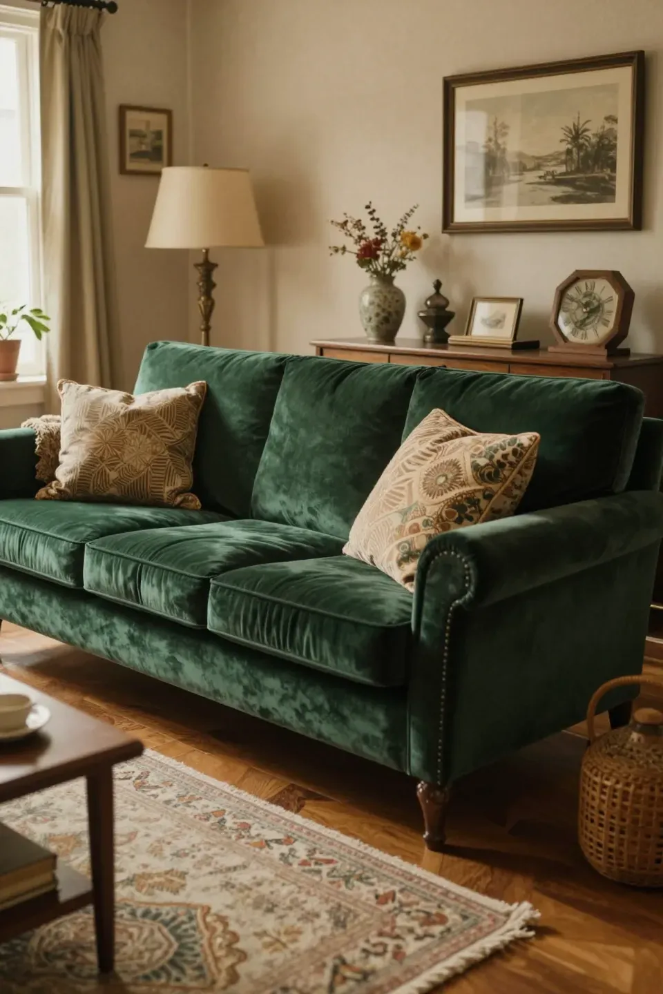 Charming vintage living room with a dark green velvet sofa