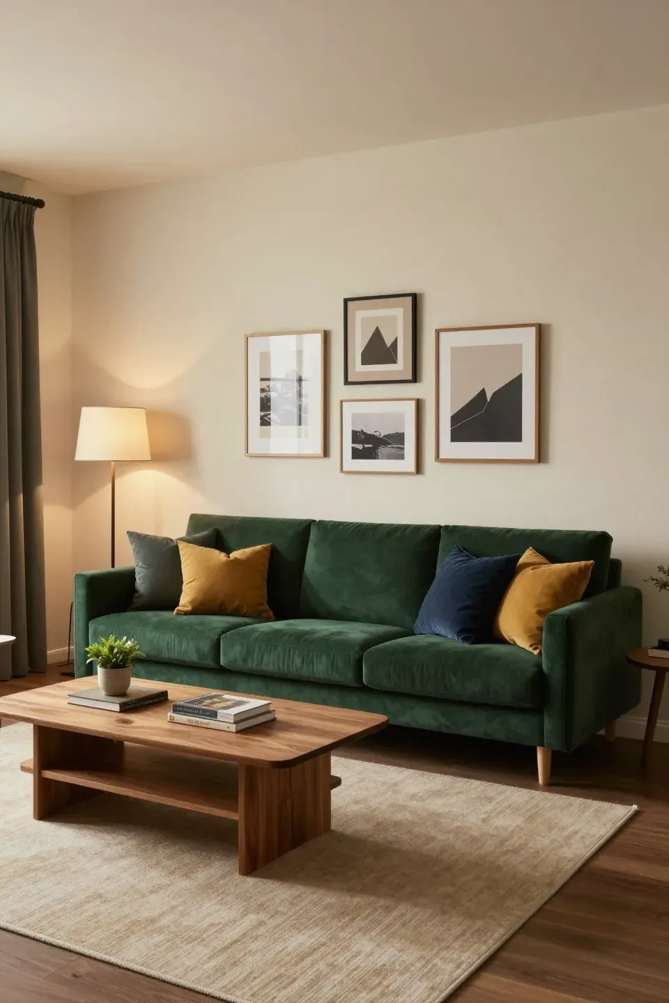 Stylish living room featuring a dark green sofa with complementary color schemes.