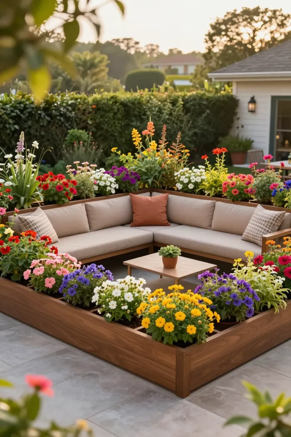 A back patio featuring integrated seating with raised planter boxes filled with vibrant flowers.