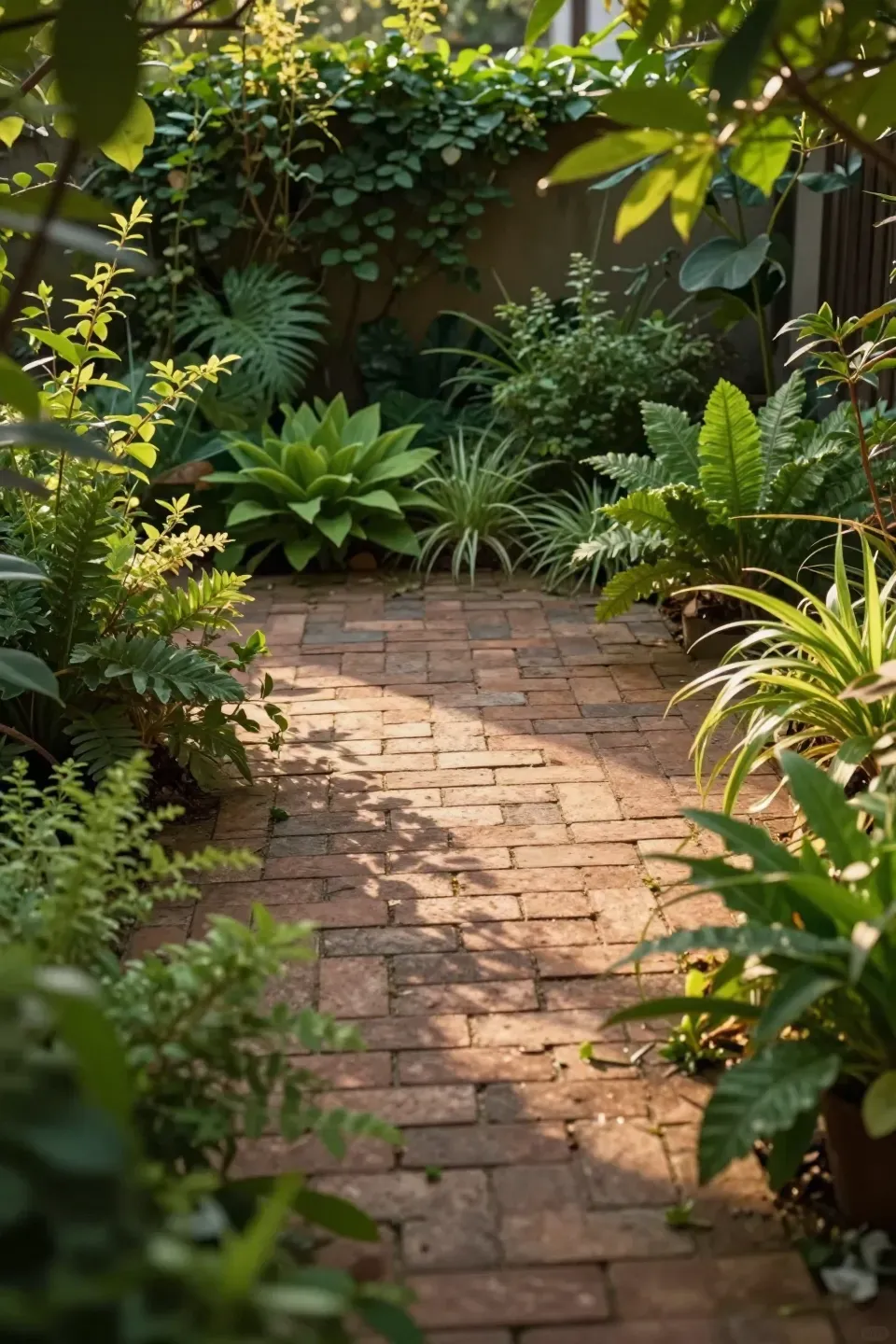 Small brick patio surrounded by lush greenery creating a peaceful retreat.