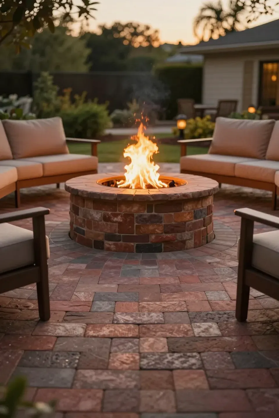 Cozy outdoor paver patio featuring a fire pit surrounded by seating.