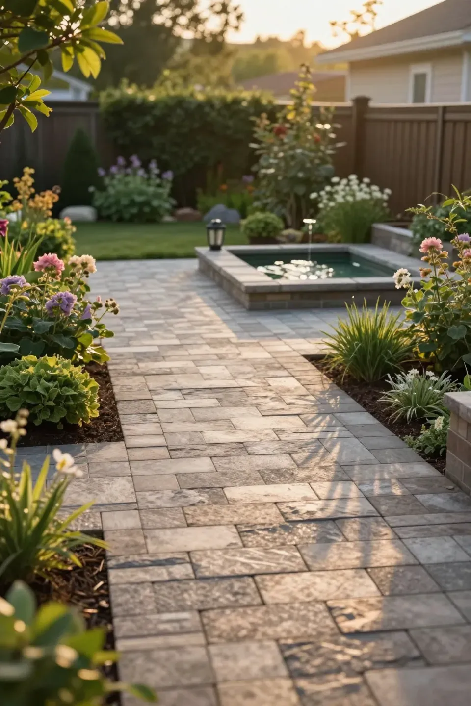 Integrated backyard paver patio featuring garden elements.
