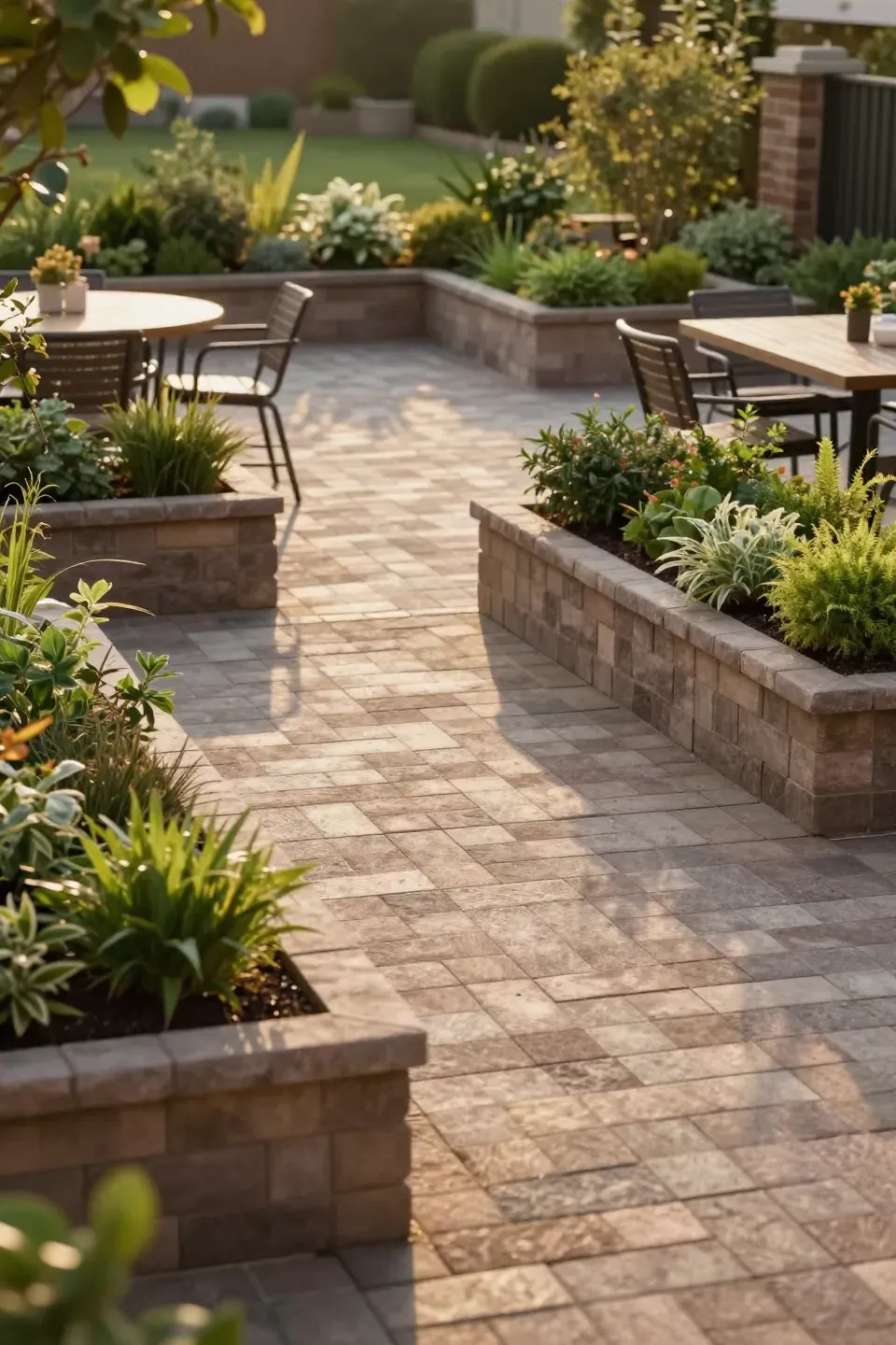 Thoughtfully designed paver patio layout featuring raised planters.