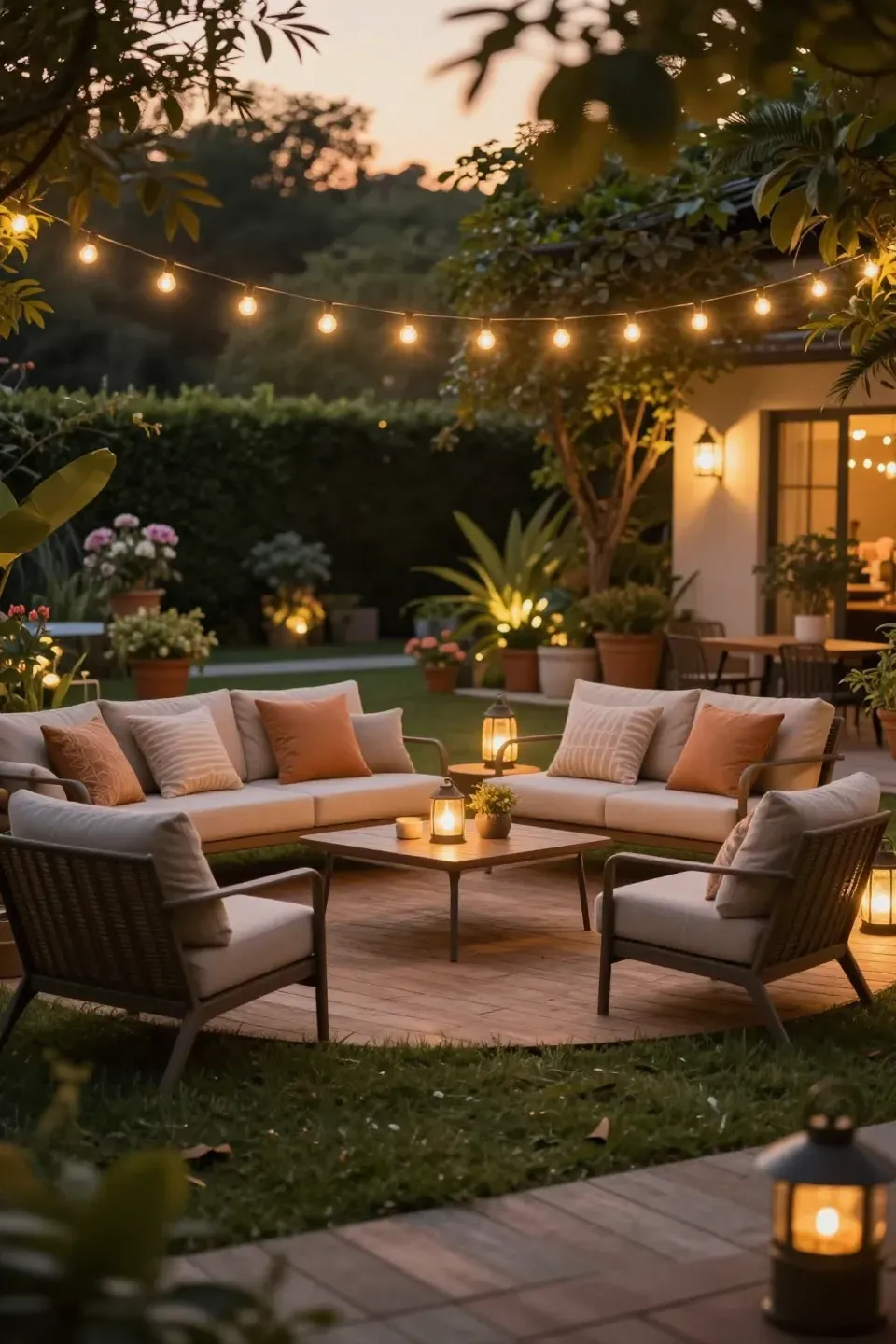 A cozy backyard patio with warm lighting, comfortable seating, and lush greenery.