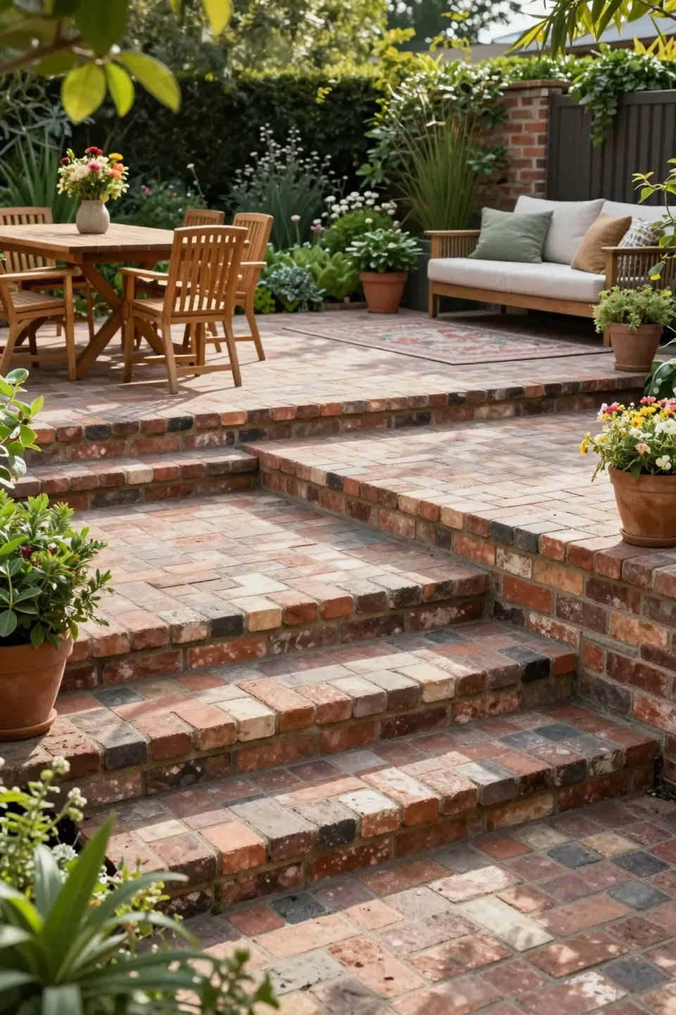 A multi-height brick patio design with distinct zones for dining and lounging.