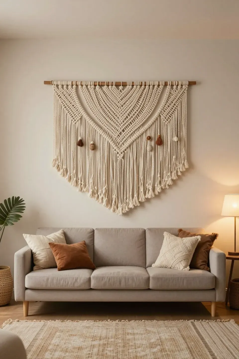 An interior featuring intricate macramé wall hangings above a cozy sofa.