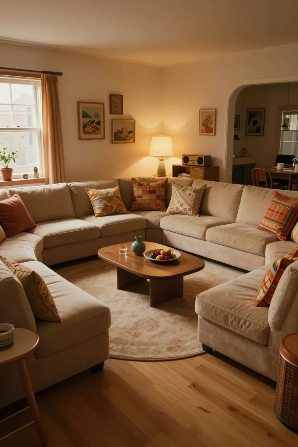 A vintage living room featuring a sunken conversation pit surrounded by cozy seating.