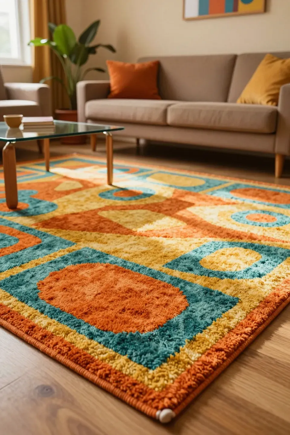 A vibrant living room featuring a textured rug with bold geometric patterns.