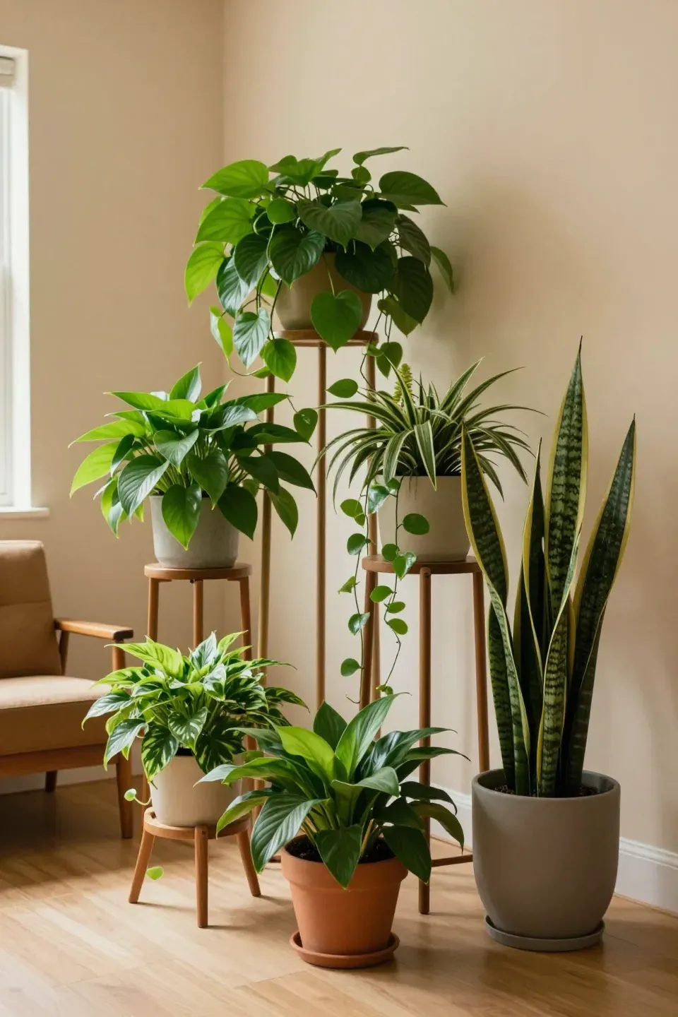 Indoor corner featuring stylish plant stands with vibrant greenery.