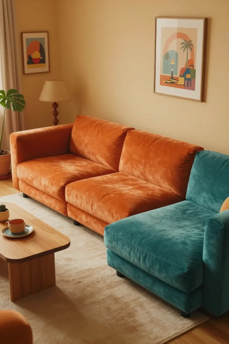 Bold modular sectional sofa in a vibrant living room setting.