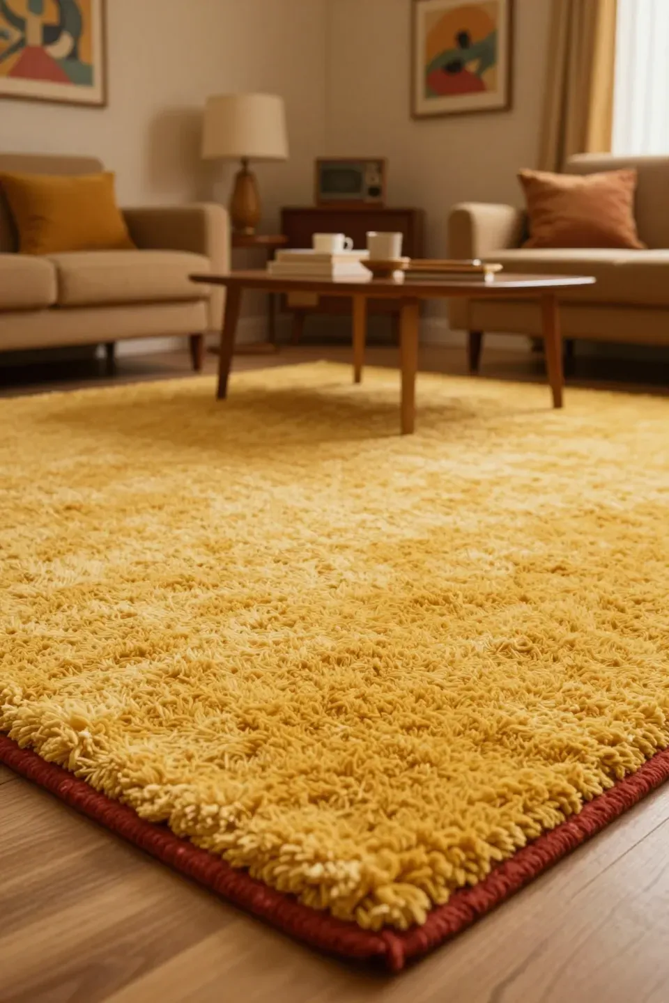 A cozy living room featuring a plush shag carpet in bright color.
