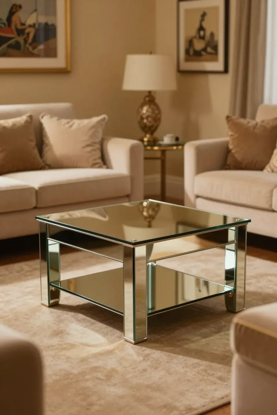 Chic living space featuring a stylish mirrored coffee table.