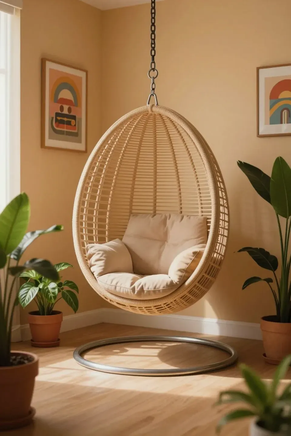 Cozy corner featuring a hanging egg chair surrounded by plants.