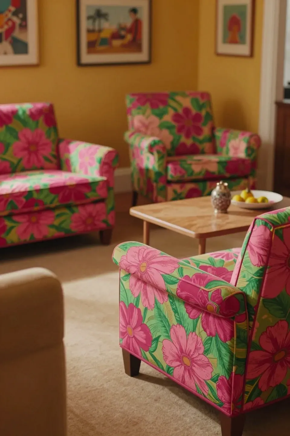 Living room featuring upholstered chairs and sofas with bold floral prints.