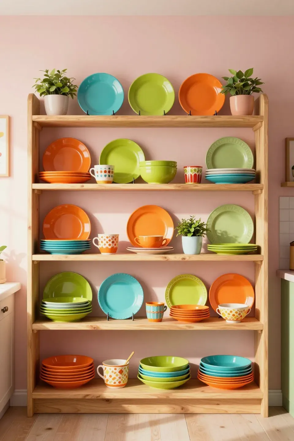 Open shelving filled with colorful dishware in a vibrant kitchen setting.