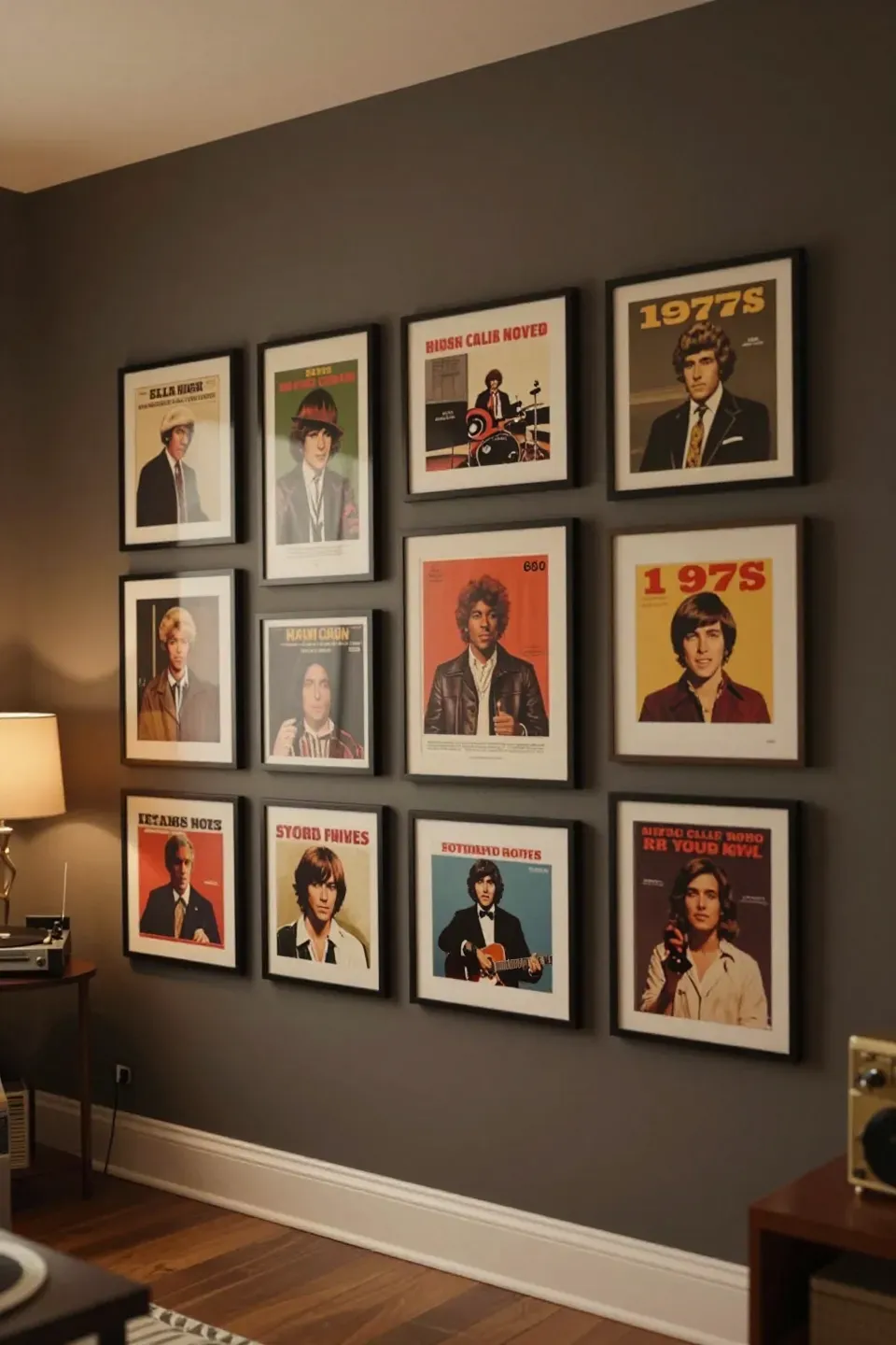 Gallery-style display of framed album covers on a wall.
