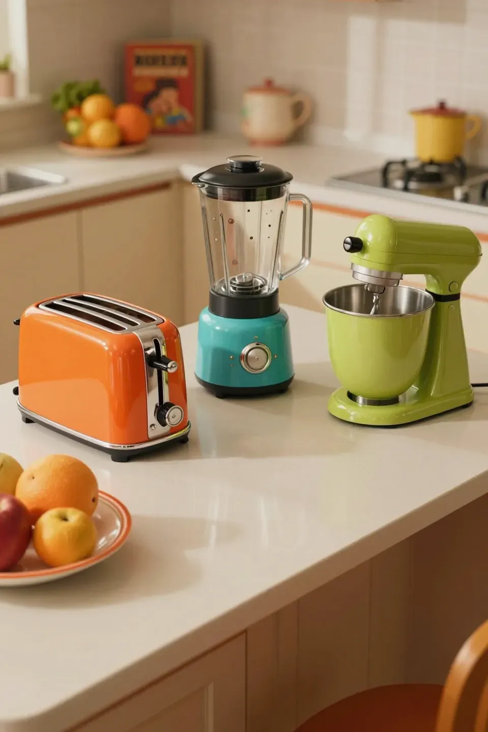 Colorful retro kitchen appliances arranged on a countertop.