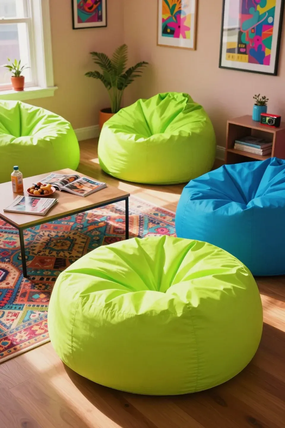 A vibrant living room featuring oversized bean bag chairs in bold neon colors.