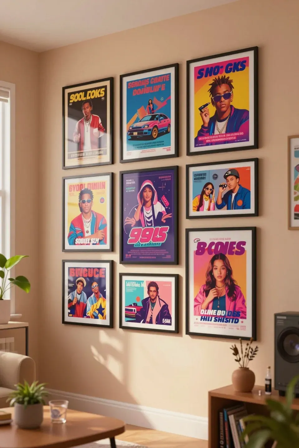 A gallery wall adorned with framed posters and artwork inspired by 90s pop culture.