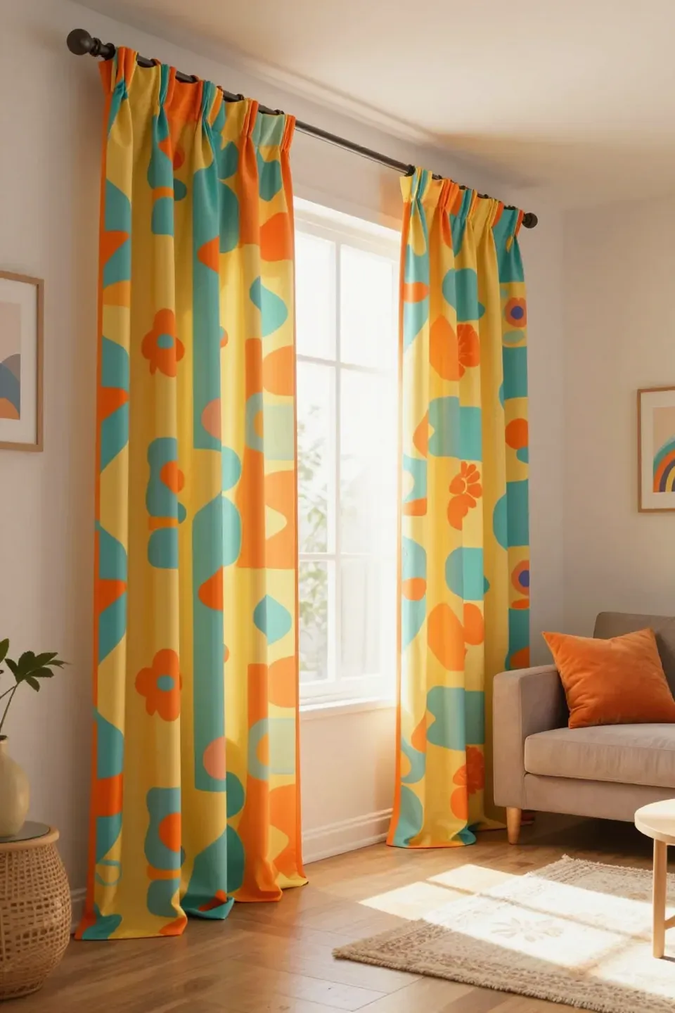 Living room with brightly colored curtains featuring bold patterns.
