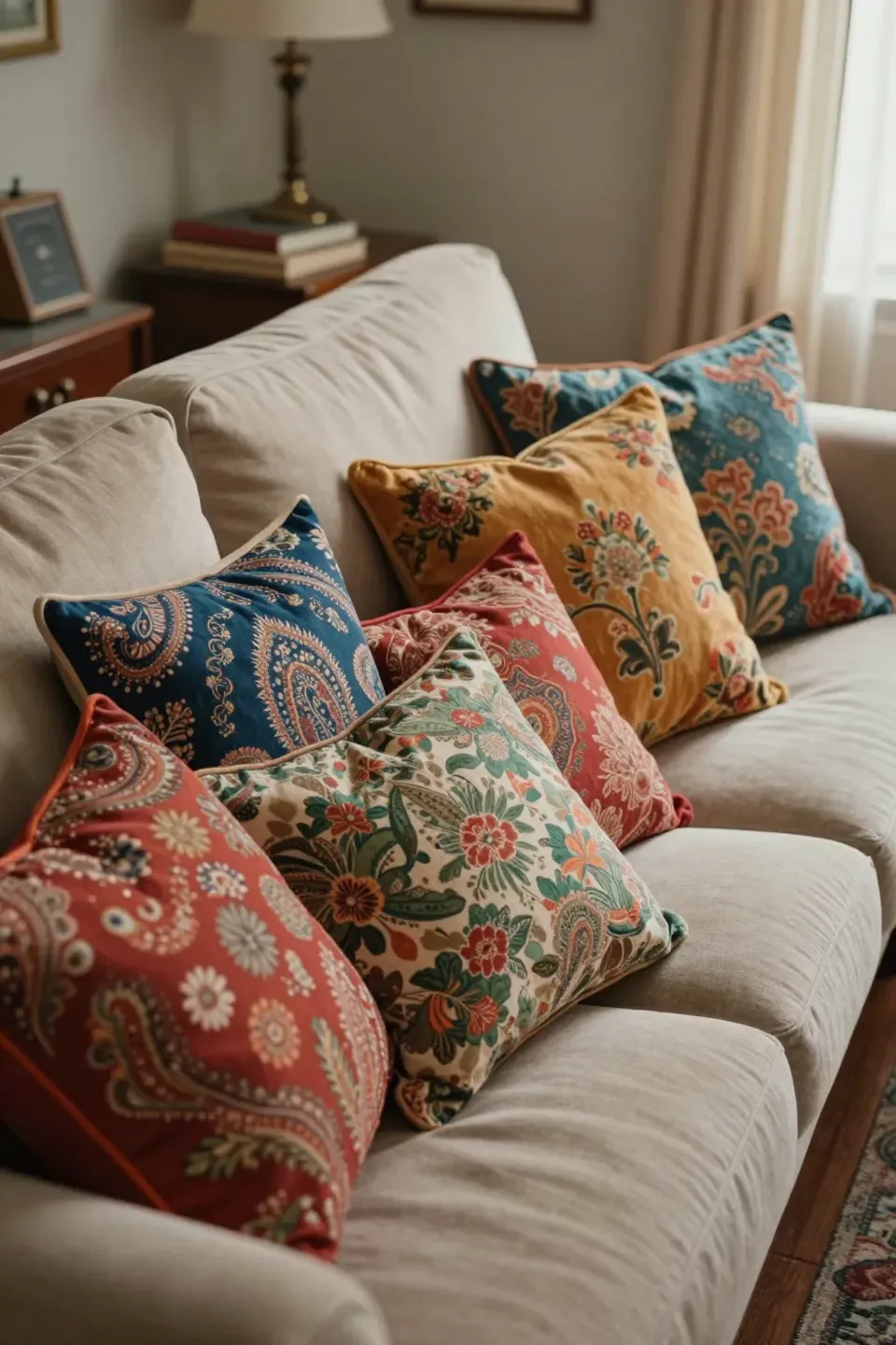 Eclectic arrangement of vintage throw pillows on a sofa.