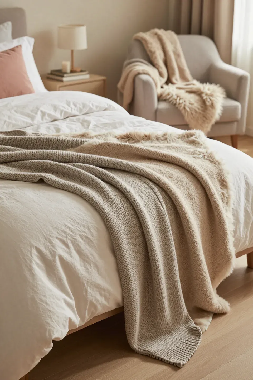 Cozy bedroom scene with layered soft throws on a bed and chair.