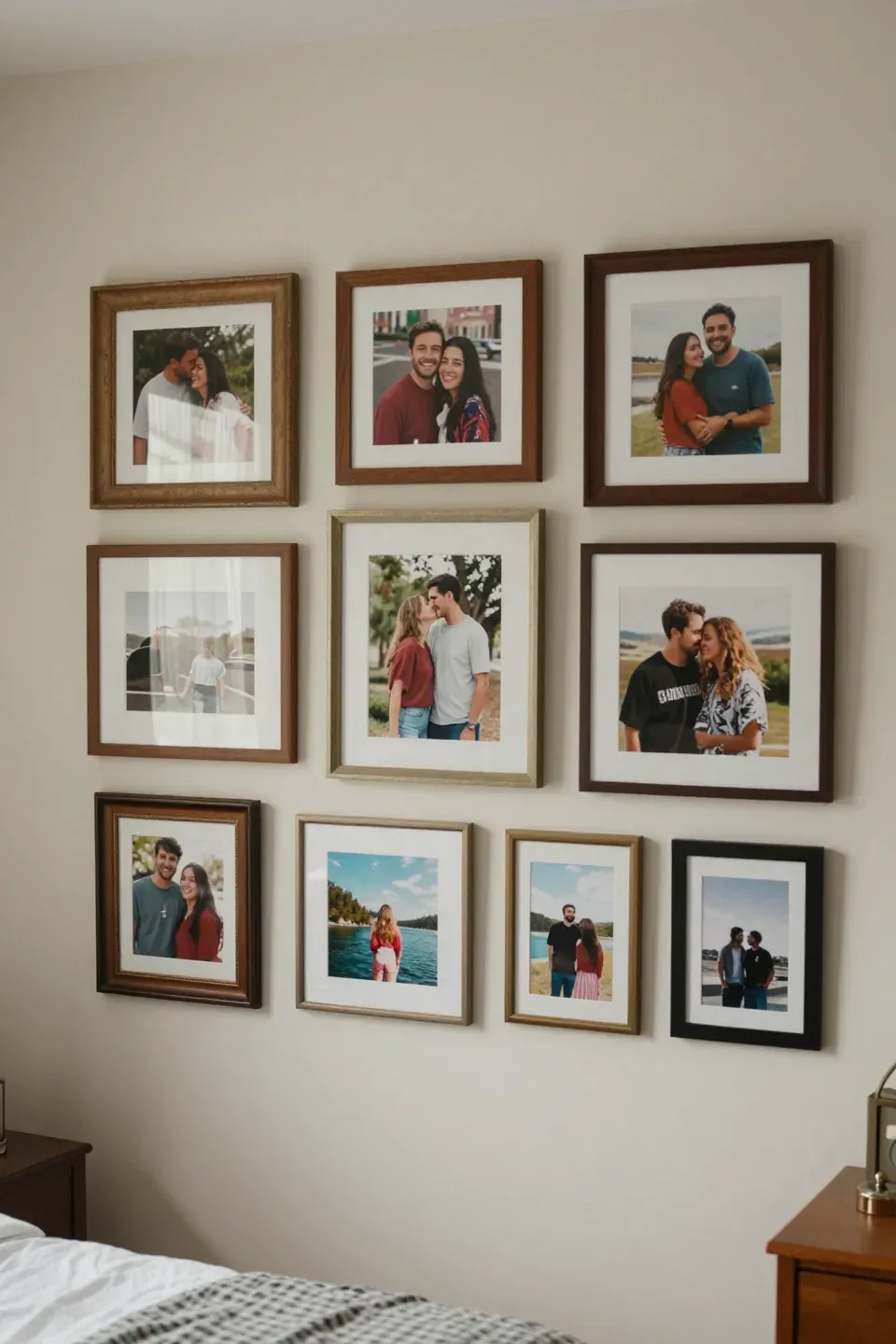 Gallery wall showcasing framed photos of shared memories in a cozy bedroom.