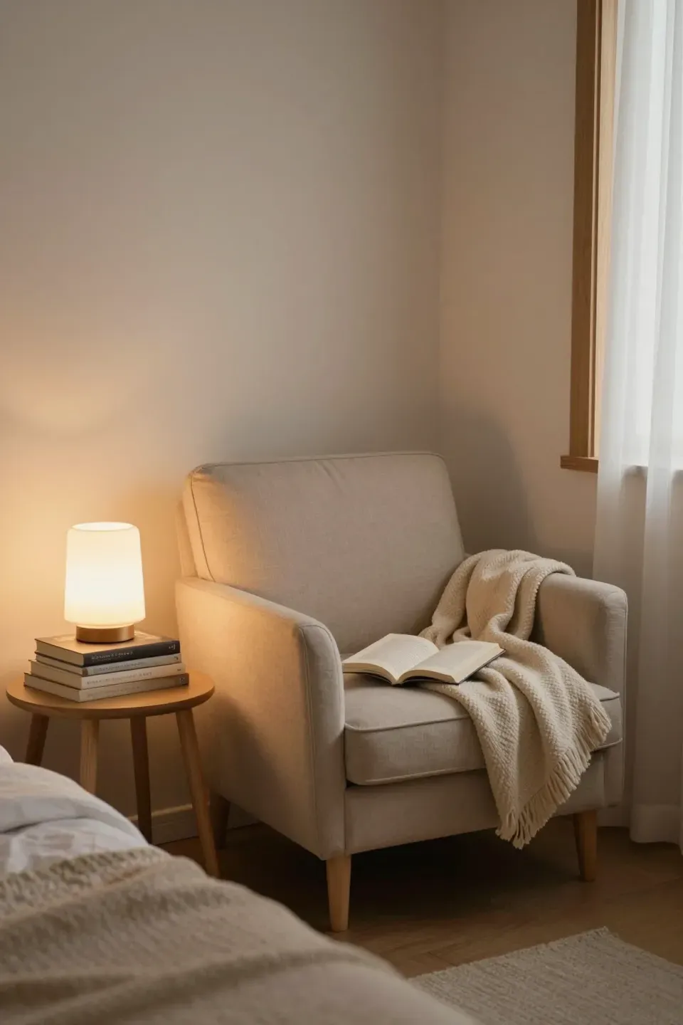 Cozy reading nook in a bedroom with a plush chair and side table.