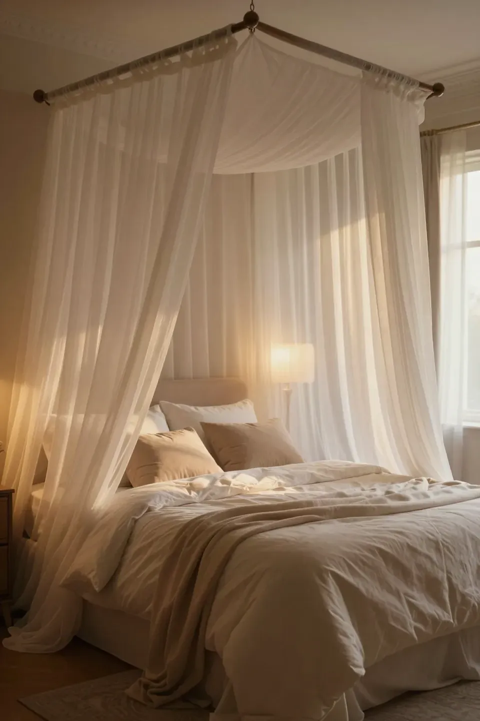 Elegant canopy bed in a bedroom, draped with soft fabric for romance.