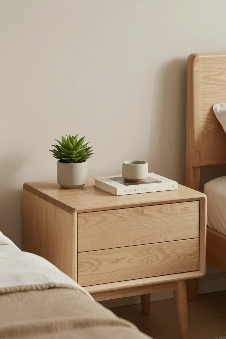 Minimalist nightstand in a bedroom with personal decor items.