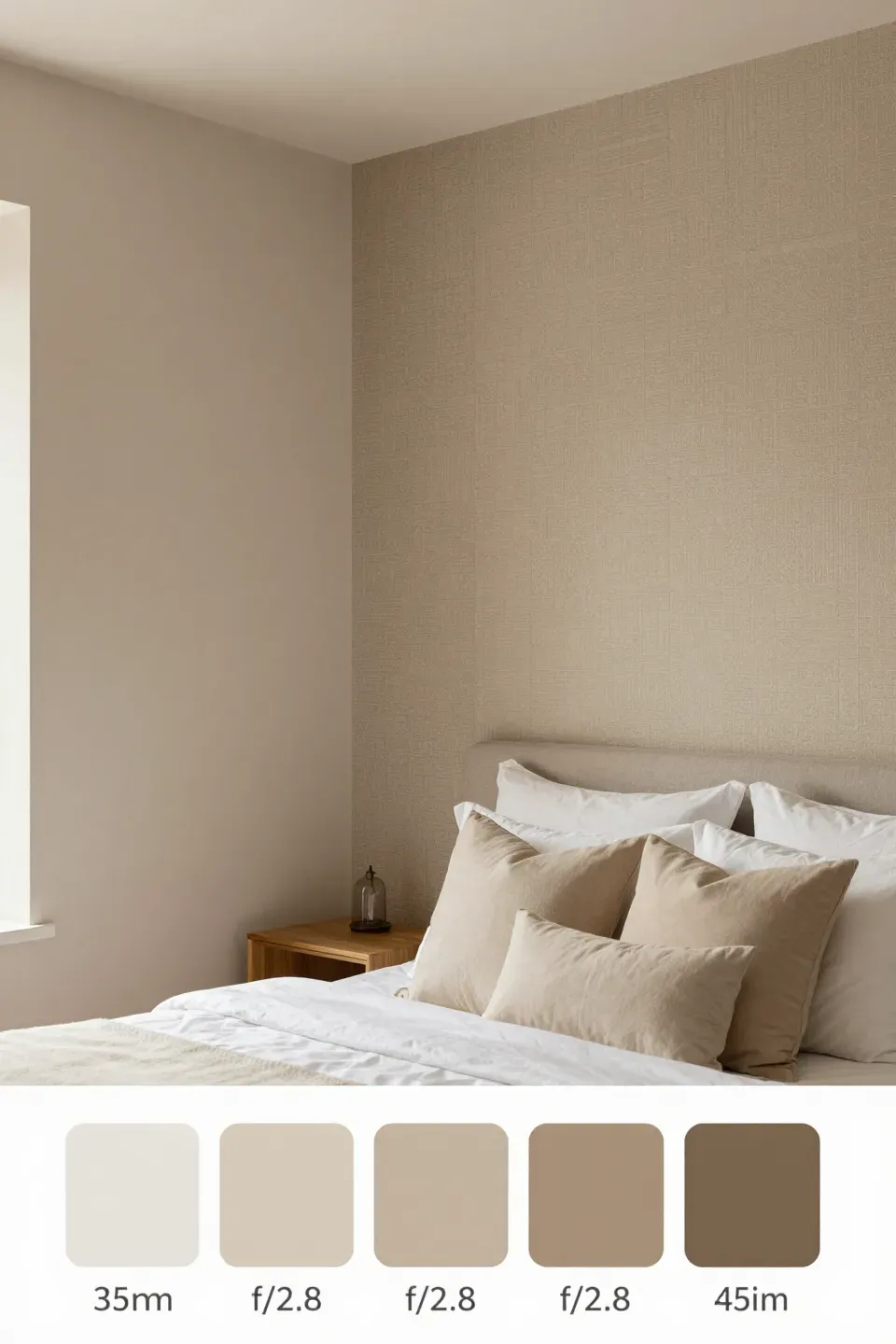 Calming bedroom with a neutral color palette and an accent wall.