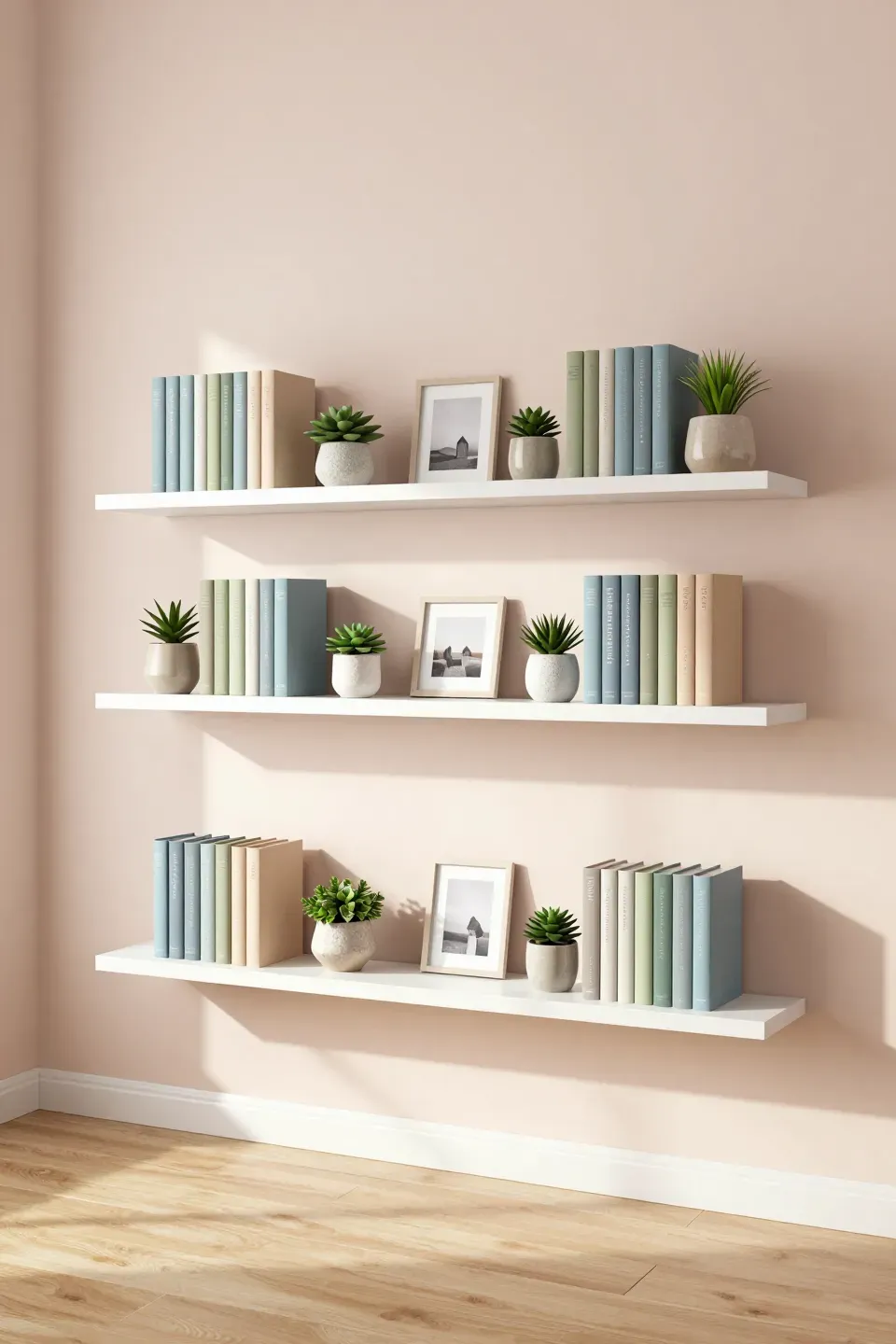 Floating shelves displaying books and plants in a couple's bedroom.