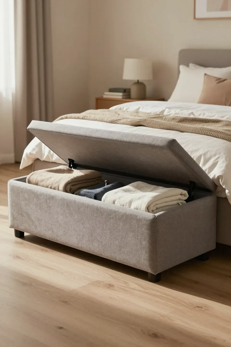 Stylish storage bench at the foot of a bed in a cozy bedroom.