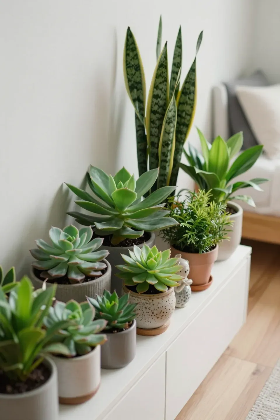 Indoor plants arranged on a shelf, enhancing a couple's bedroom.