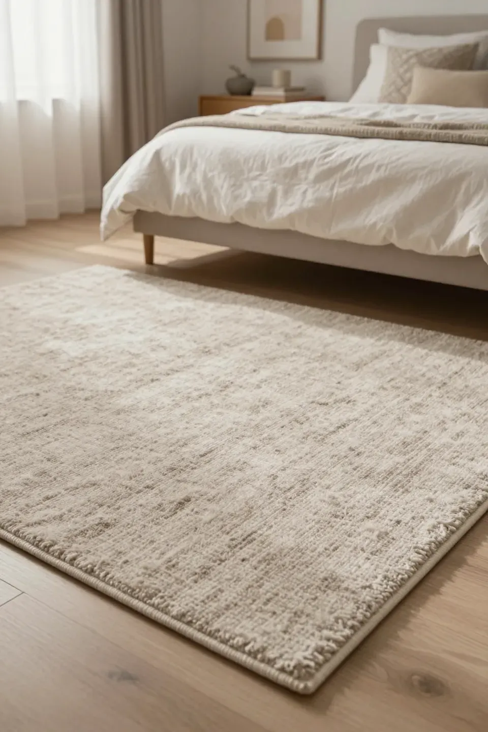 Plush area rug adding warmth to a cozy bedroom.