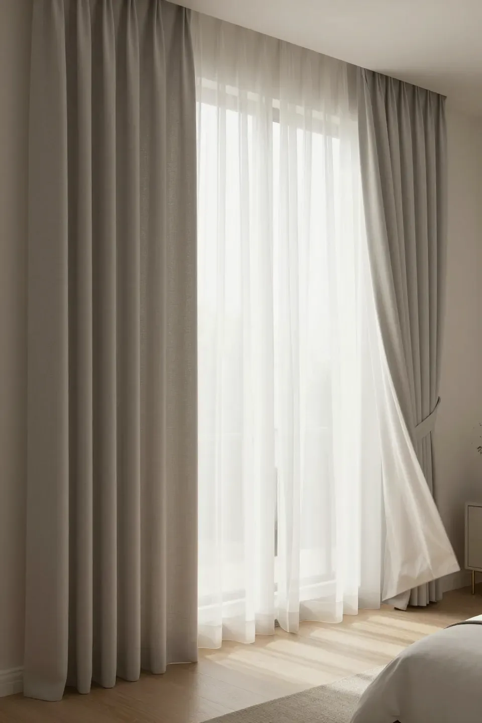 Elegant window treatments enhancing privacy in a couple's bedroom.