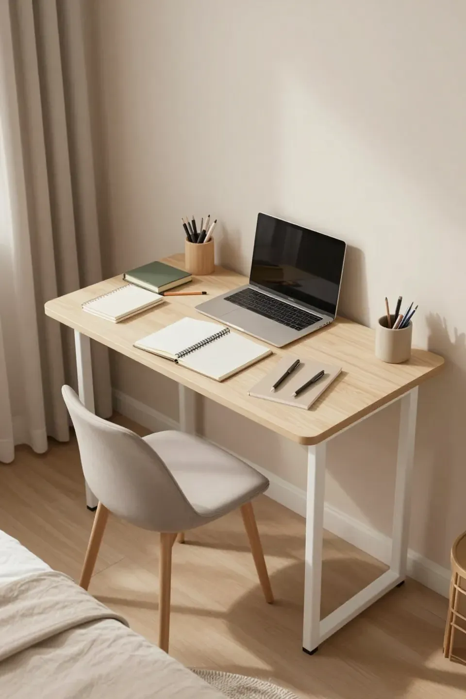 Cozy compact workspace in a couple's bedroom, designed for creativity.
