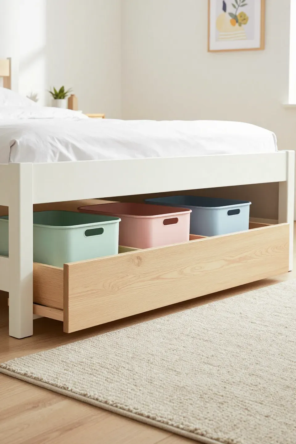Organized under-bed storage solutions with pastel bins and wooden drawers in a bright bedroom.
