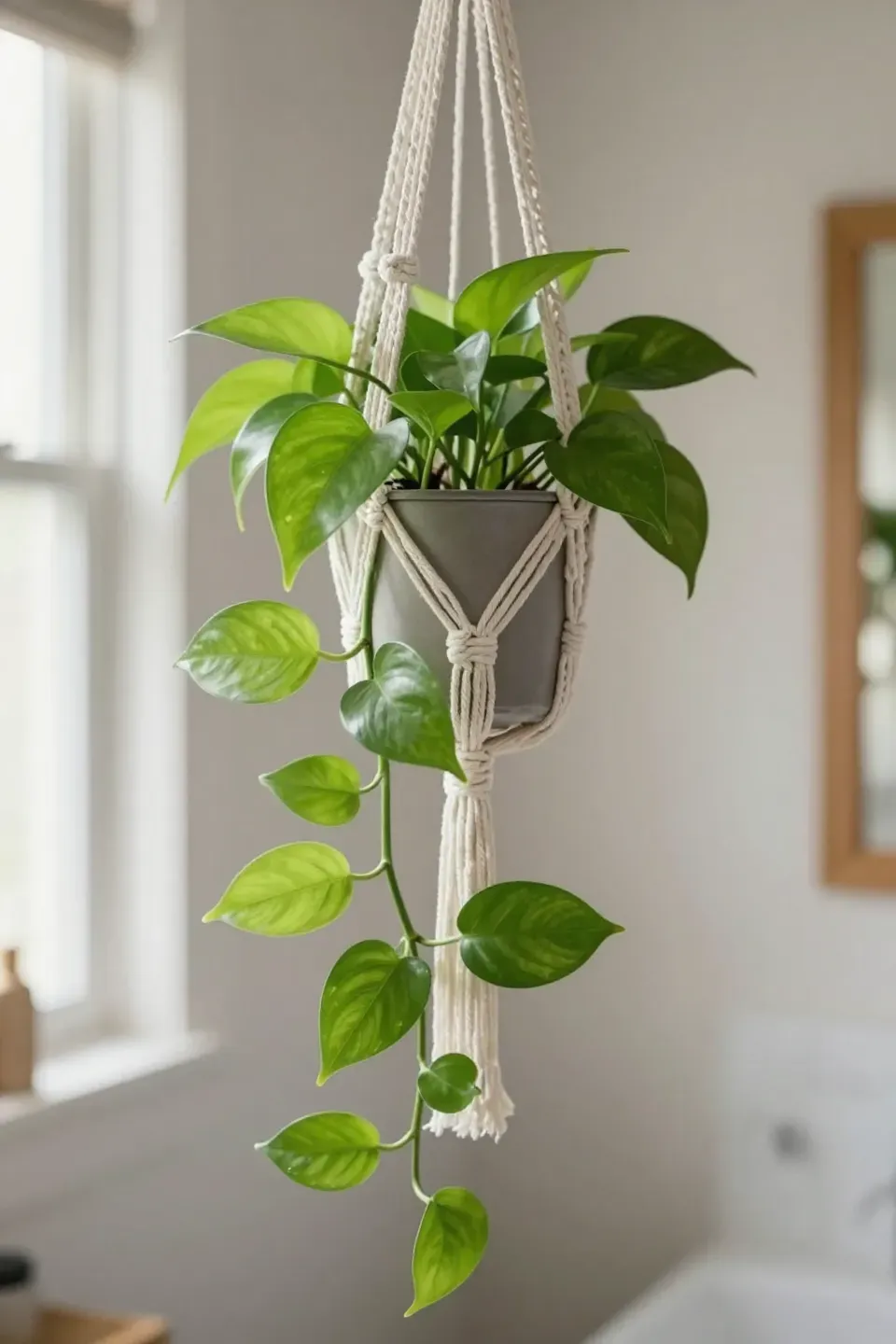 A vibrant pothos plant suspended in a macrame hanger in a bathroom.