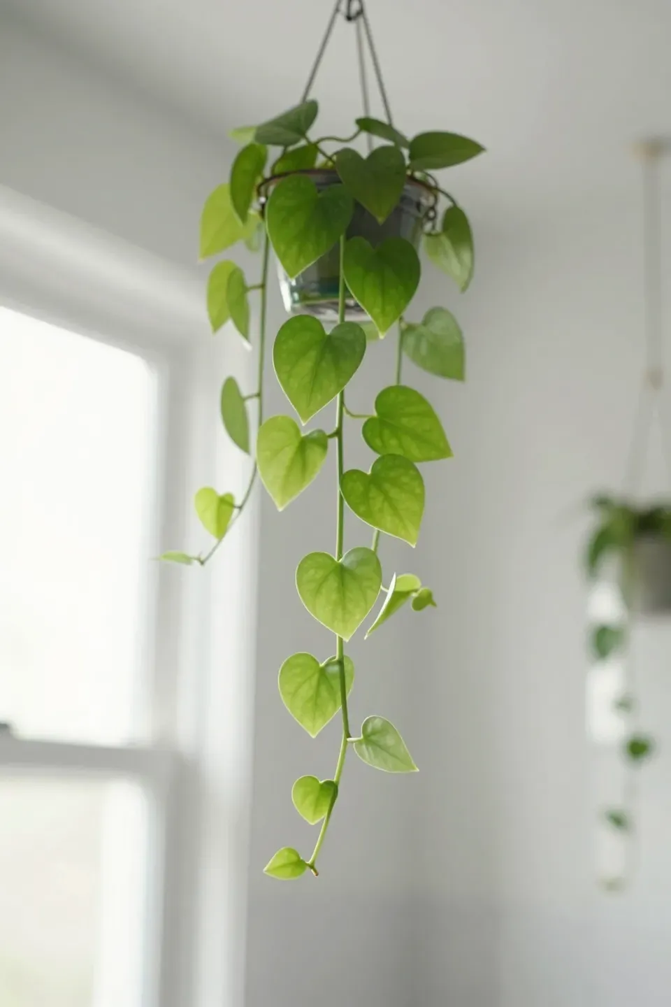 A string of hearts plant elegantly suspended from the ceiling in a bathroom.